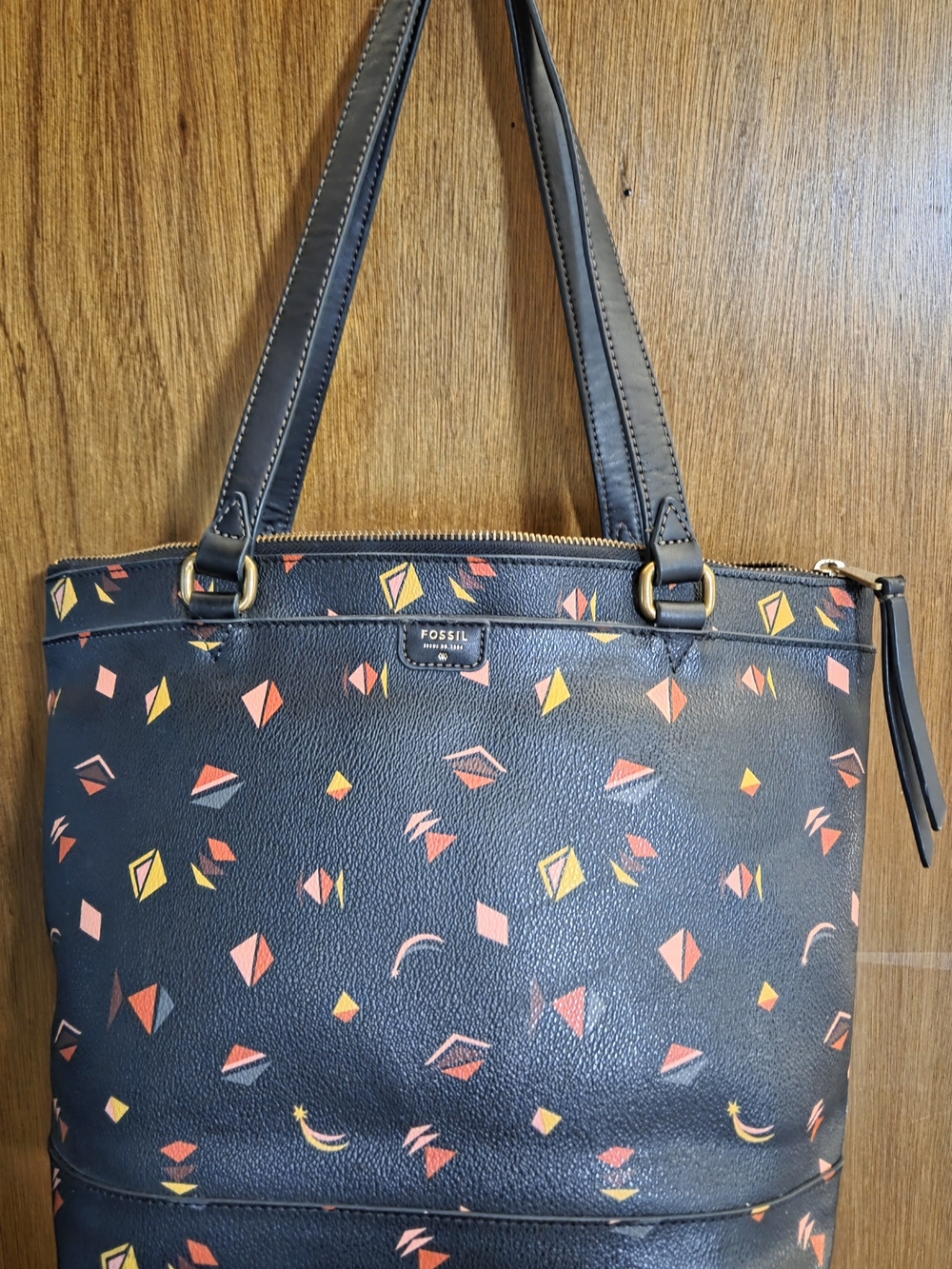 Fossil Black Tote with Coral and Yellow Geometric Print